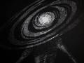 Detal linorytu Andromeda – galaktyka wykonana techniką punktowania, ręczna grafika artystyczna inspirowana kosmosem.